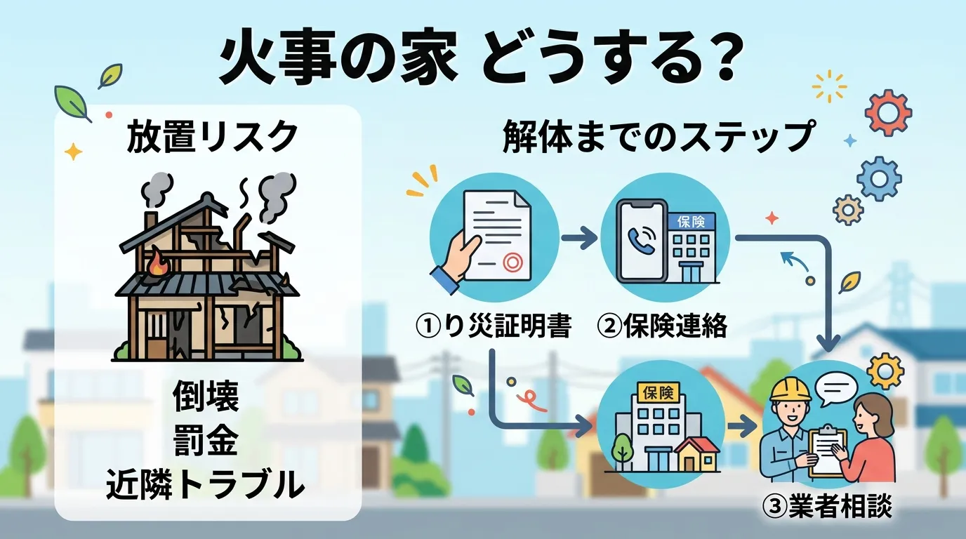 日本人と現代日本の風景, インフォグラフィック、フローチャート。「火事の家 どうする?」というタイトル。左に「放置リスク」として崩れた家のアイコンと「倒壊・罰金・近隣トラブル」の文字。右に「解体までの