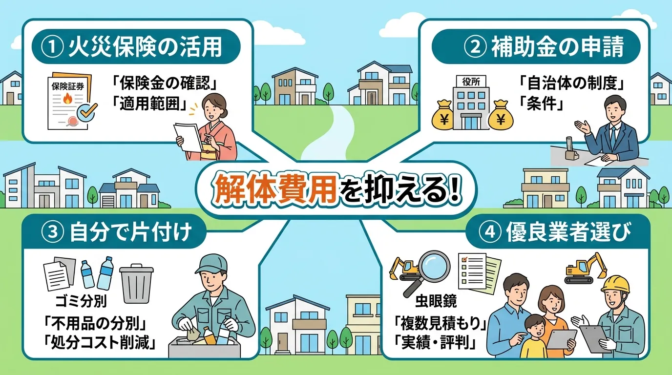 日本人と現代日本の風景, 「火事の解体費用を抑える4つの方法」をテーマにしたインフォグラフィック。中央に「解体費用を抑える!」という見出しを配置し、そこから4方向に情報が展開。①火災保険の活用(保険証