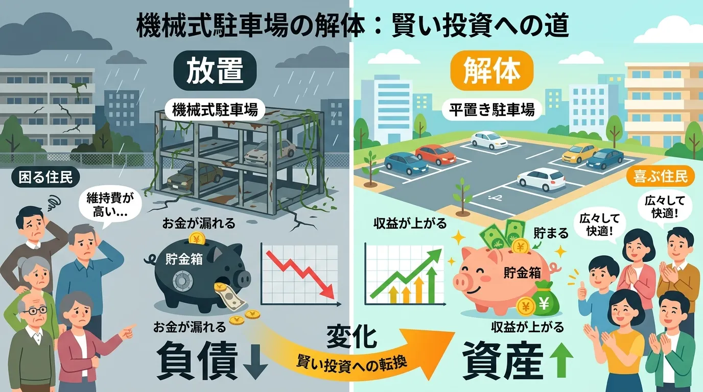 日本人と現代日本の風景, インフォグラフィック、機械式駐車場の解体が賢い投資であることを示す比較図。画面を二分割し、左に「放置」した場合の未来(錆びた駐車場、お金が漏れる貯金箱、下降グラフ、困る住民)