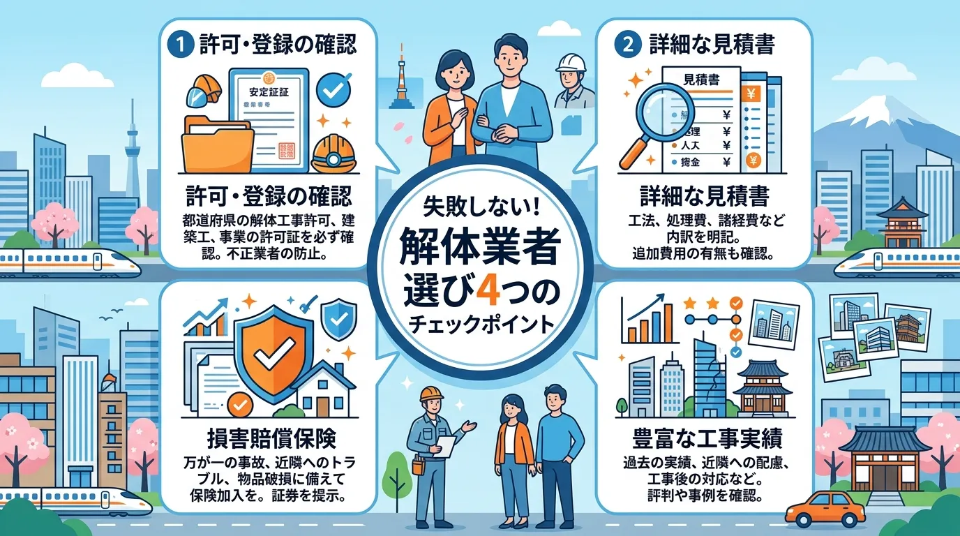 日本人と現代日本の風景, 信頼できる解体業者の選び方をテーマにしたインフォグラフィック。中央に「失敗しない!解体業者選び4つのチェックポイント」というタイトルを配置し、その周りに「許可・登録の確認(許