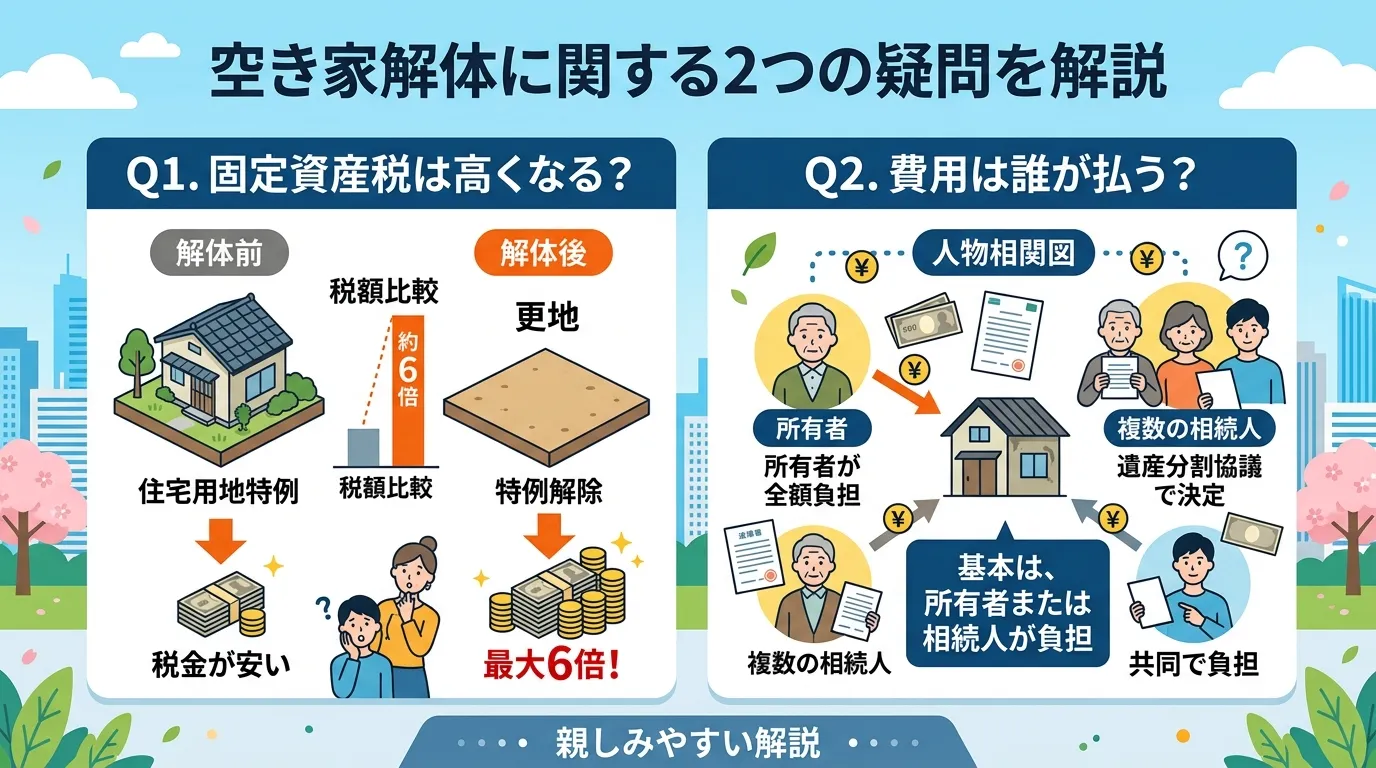 日本人と現代日本の風景, 空き家解体に関する2つの疑問を解説するインフォグラフィック。「Q1. 固定資産税は高くなる?」では、解体前の家と解体後の更地で税金が最大6倍になることを比較図で表現。「Q2.