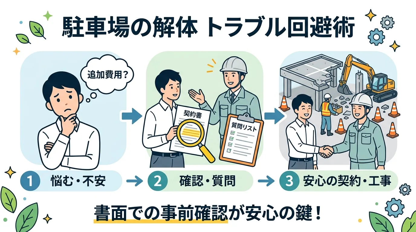 日本人と現代日本の風景, 「駐車場の解体 トラブル回避術」というタイトルのインフォグラフィック。親しみやすいデジタルイラストで、3ステップのフロー図を描く。1. 依頼者が「追加費用?」と悩む。2. 業