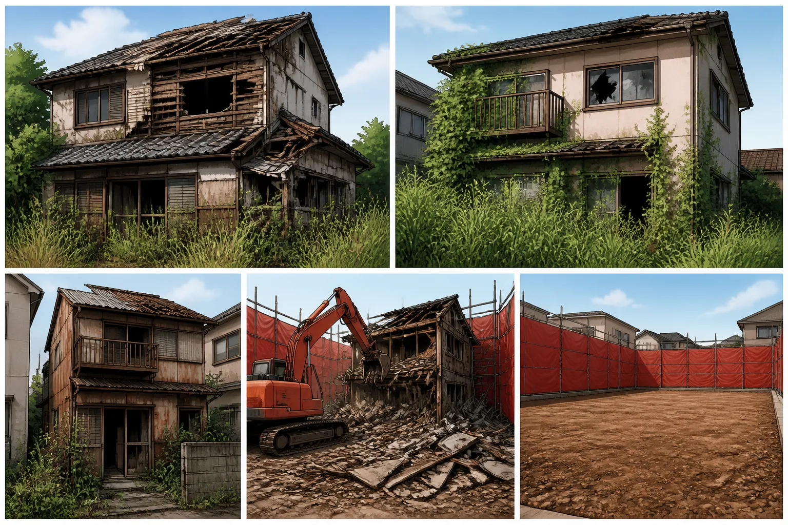 「管理不全空家」に指定されうる家の状態を示す写真。例：屋根の一部が剥がれている家、庭の雑草が人の背丈ほどに伸びている家、窓ガラスが割れている家など、複数のパターンを掲載]