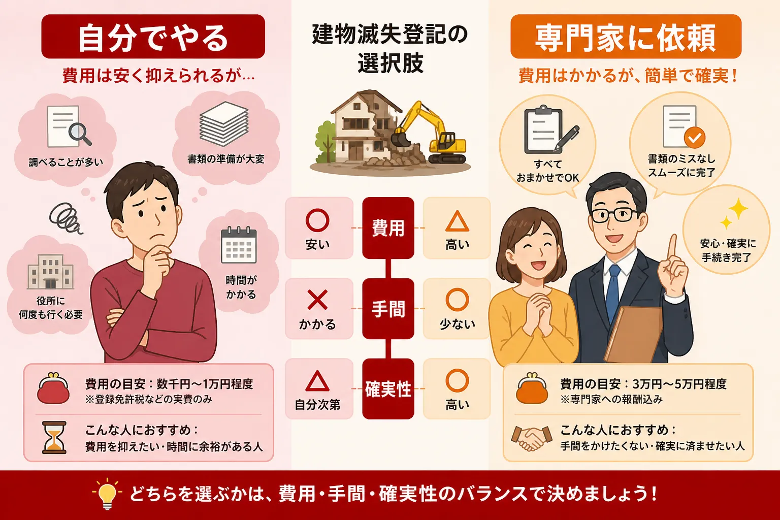 日本の木造住宅・空き家の解体現場を写実的に描いたビジュアル。重機・養生シート・整地後の更地など。基調色は #9a0300。実在する企業のロゴ・看板・車体・人物の顔は描かない。画像内に文字を入れない(図