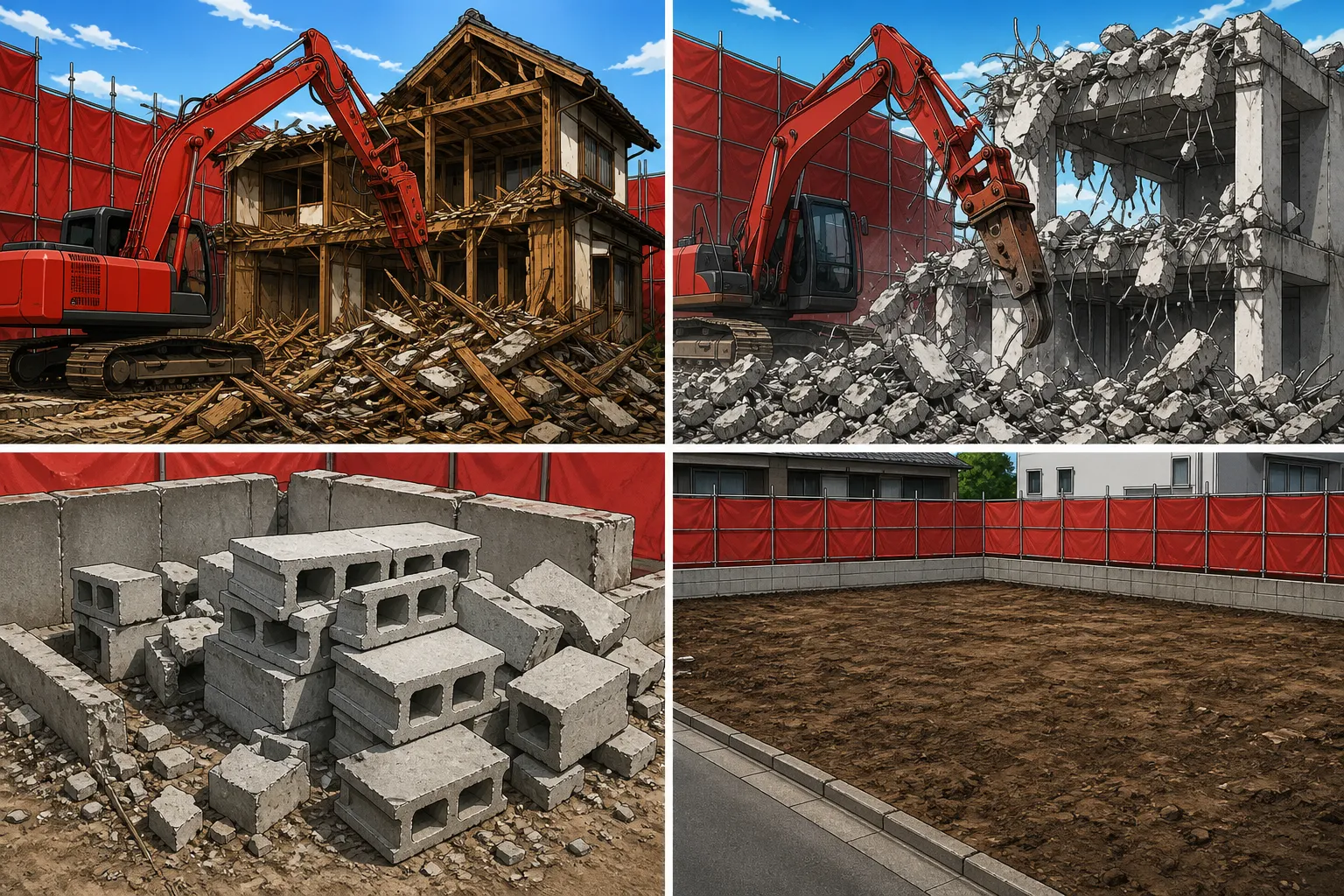 特定建設資材4品目の具体例がわかる写真。コンクリートブロック、アスファルト舗装、木造家屋の柱・梁、鉄筋コンクリートの解体現場など、各品目に対応した写真があると読者の理解が深まります。]