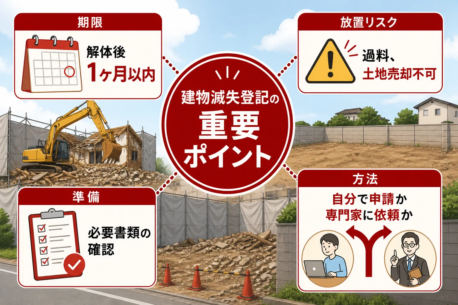 日本の木造住宅・空き家の解体現場を写実的に描いたビジュアル。重機・養生シート・整地後の更地など。基調色は #9a0300。実在する企業のロゴ・看板・車体・人物の顔は描かない。画像内に文字を入れない(図
