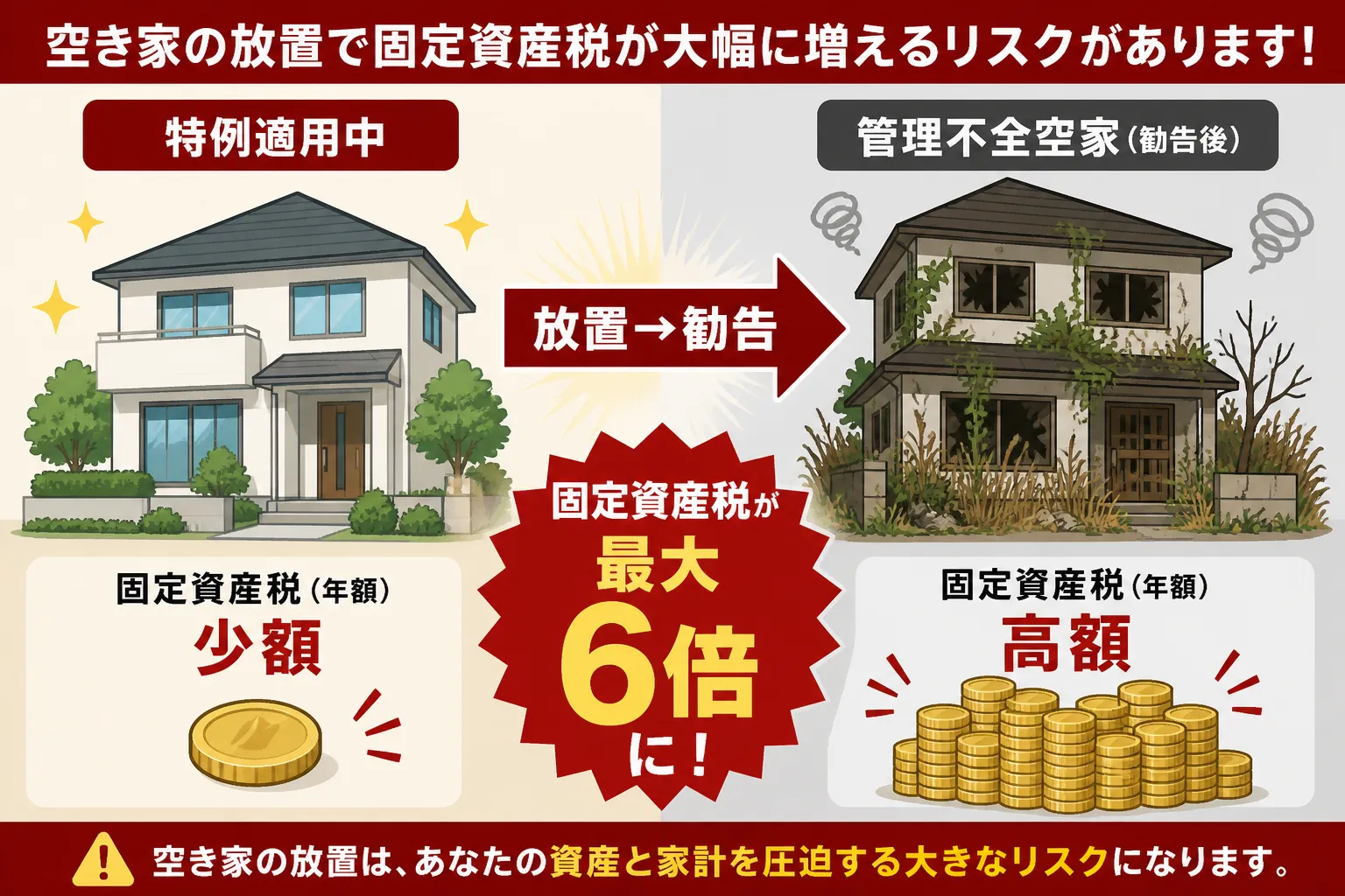 日本の木造住宅・空き家の解体現場を写実的に描いたビジュアル。重機・養生シート・整地後の更地など。基調色は #9a0300。実在する企業のロゴ・看板・車体・人物の顔は描かない。画像内に文字を入れない(図