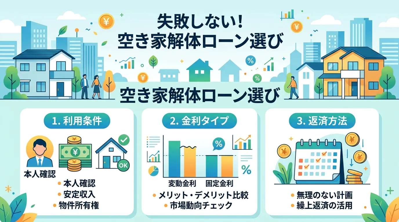 日本人と現代日本の風景, インフォグラフィック、フラットデザイン。中央に「失敗しない!空き家解体ローン選び」と日本語タイトル。その下に3つのポイントをアイコン付きで横並びに解説。左から「1. 利用条件