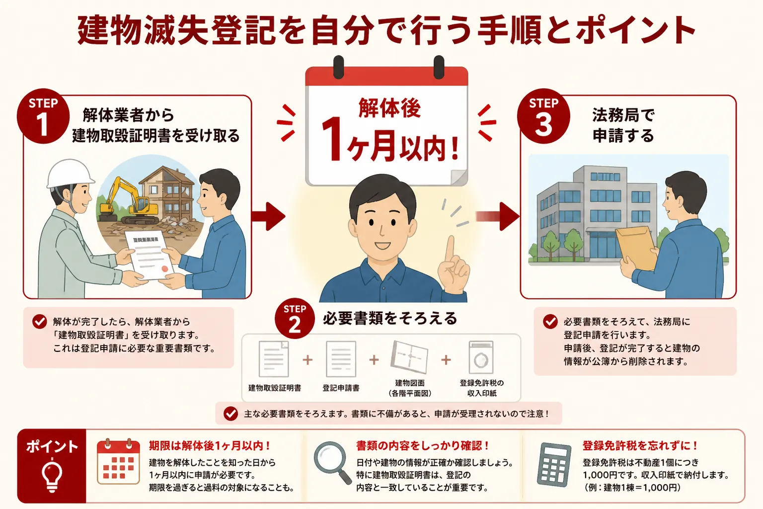 日本の木造住宅・空き家の解体現場を写実的に描いたビジュアル。重機・養生シート・整地後の更地など。基調色は #9a0300。実在する企業のロゴ・看板・車体・人物の顔は描かない。画像内に文字を入れない(図