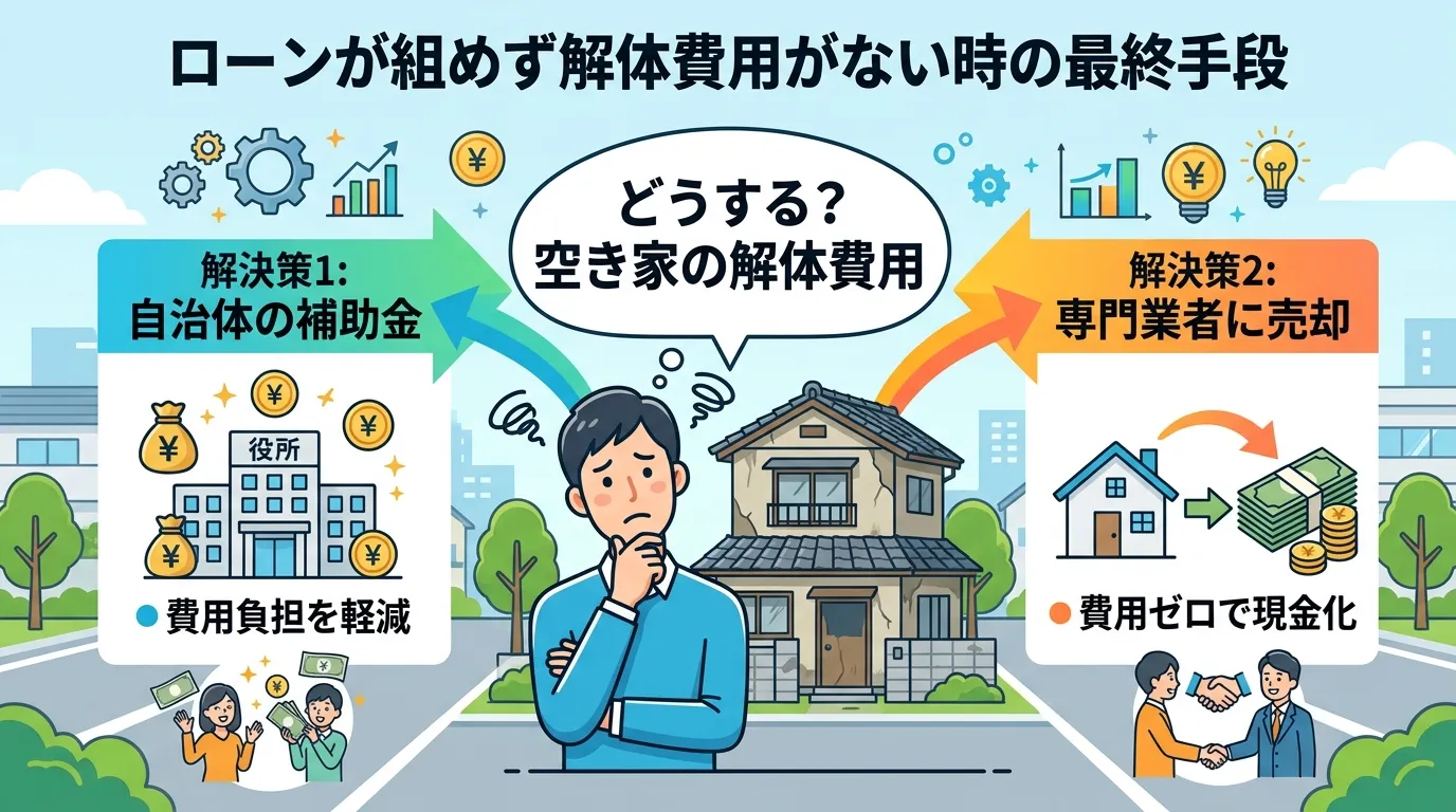 日本人と現代日本の風景, 「ローンが組めず解体費用がない時の最終手段」をテーマにしたインフォグラフィック。中央に困った表情の人物と家のイラストを配置し、「どうする?空き家の解体費用」と記載。そこから左