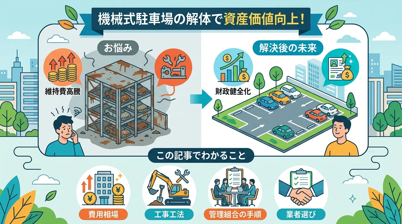 日本人と現代日本の風景, 「機械式駐車場の解体・撤去」をテーマにしたインフォグラフィック。中央に見出し「機械式駐車場の解体で資産価値向上!」。左に「お悩み」として錆びた駐車場と「維持費高騰」のアイコン