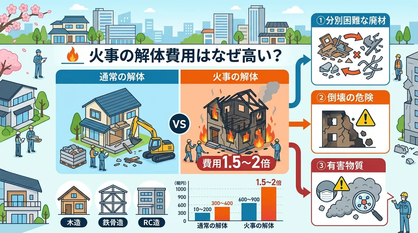 日本人と現代日本の風景, 火事の解体費用をテーマにしたインフォグラフィック。中央に「火事の解体費用はなぜ高い?」とタイトルを配置。左に「通常の解体」、右に「火事の解体」を比較図で示し、右側には「費用1