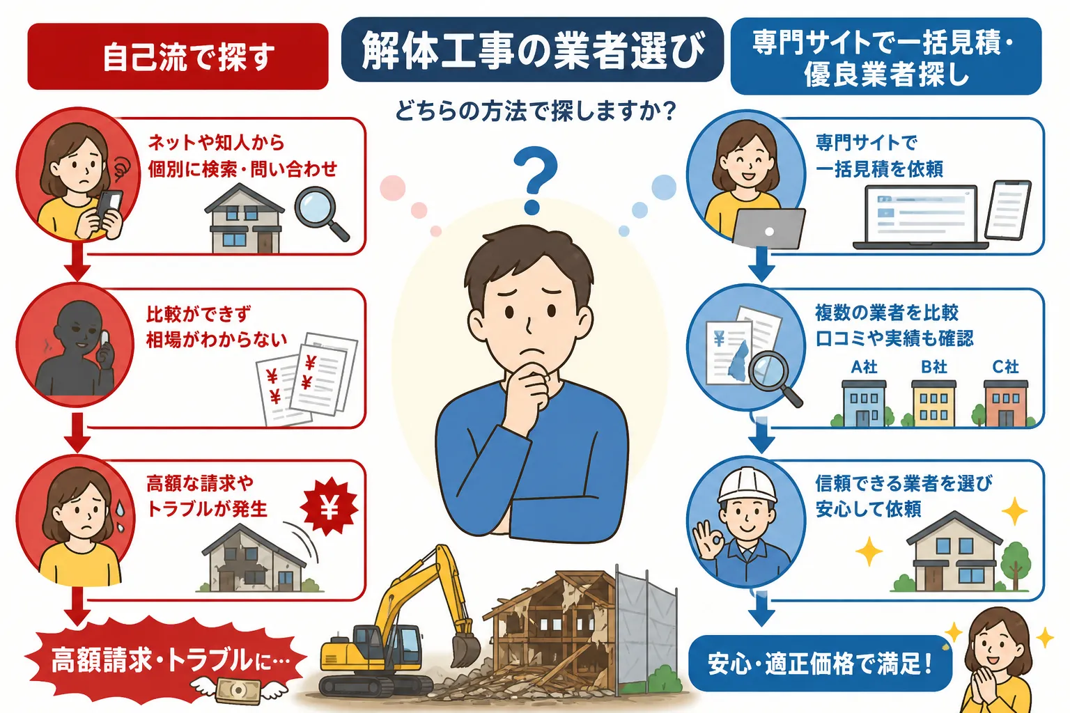 日本の木造住宅・空き家の解体現場を写実的に描いたビジュアル。重機・養生シート・整地後の更地など。基調色は #9a0300。実在する企業のロゴ・看板・車体・人物の顔は描かない。画像内に文字を入れない(図
