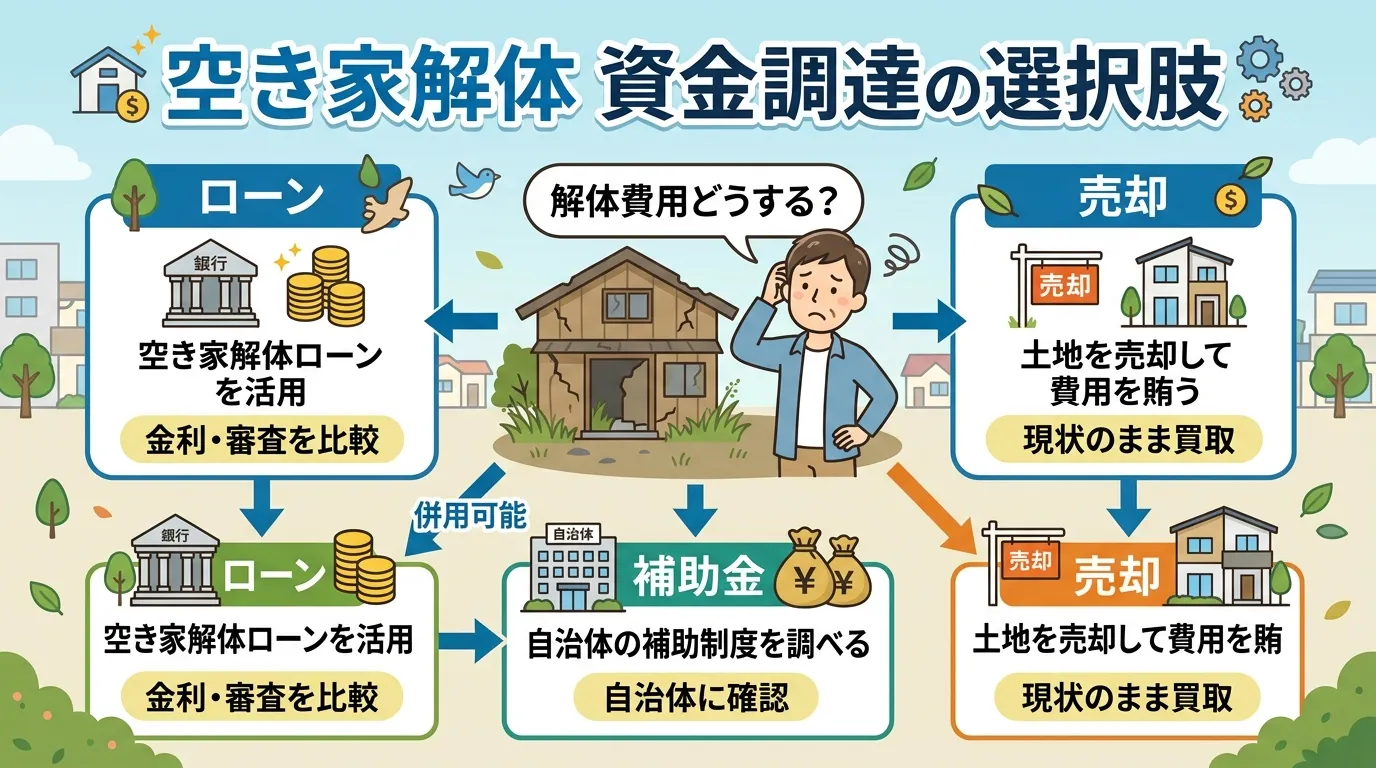日本人と現代日本の風景, 「空き家解体 資金調達の選択肢」というタイトルのインフォグラフィック。「解体費用どうする?」と悩む人物を中心に、「ローン」「補助金」「売却」の3つへ分岐するフローチャート図。