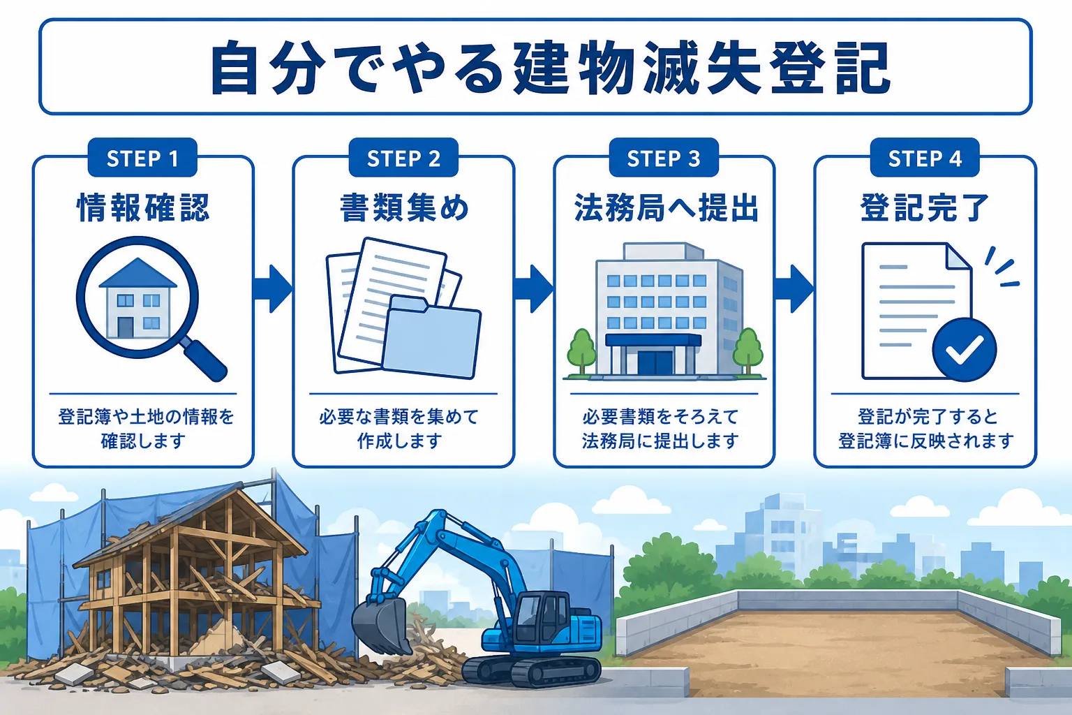 日本の木造住宅・空き家の解体現場を写実的に描いたビジュアル。重機・養生シート・整地後の更地など。基調色は #9a0300。実在する企業のロゴ・看板・車体・人物の顔は描かない。画像内に文字を入れない（図