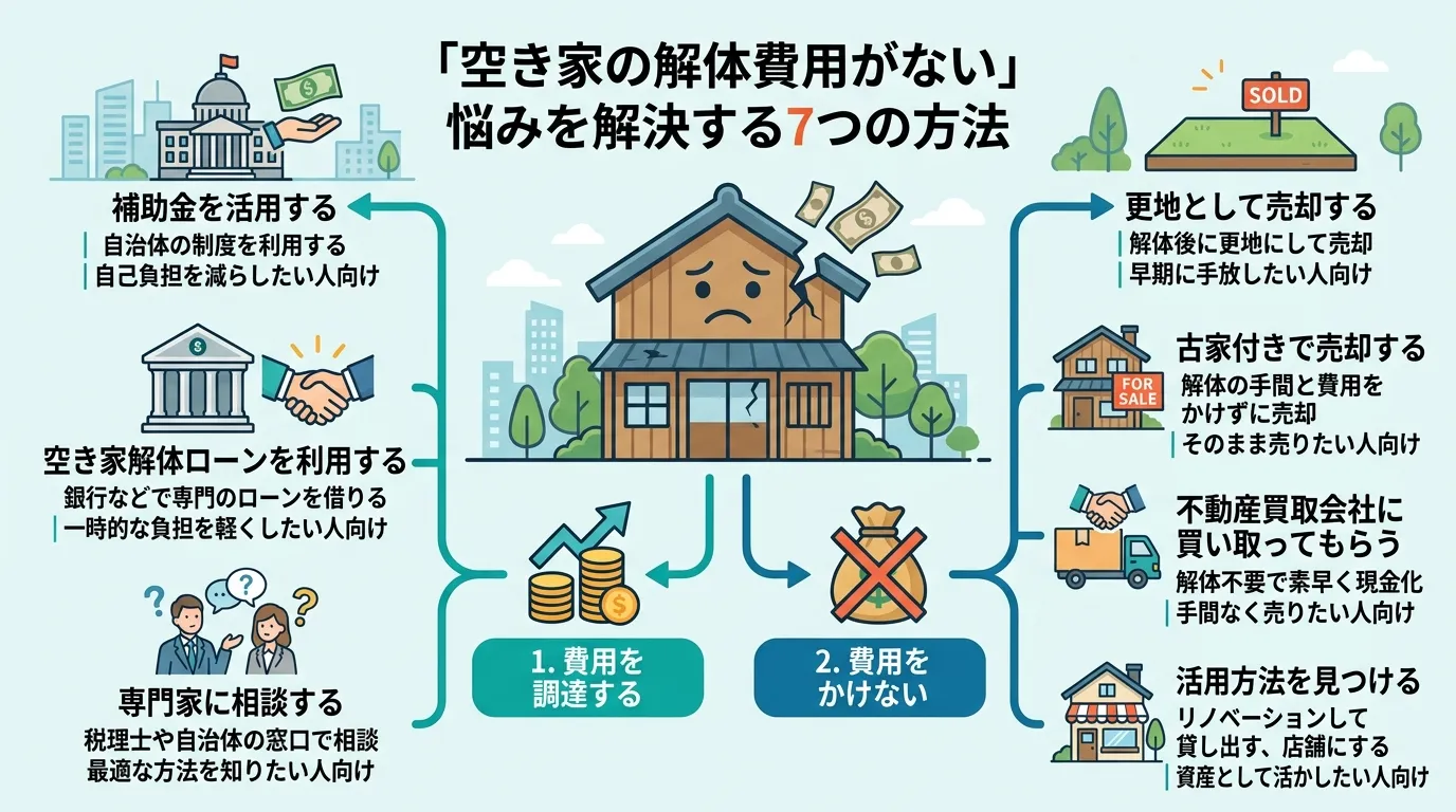 日本人と現代日本の風景, 「空き家の解体費用がない」という悩みを解決する7つの方法を示したインフォグラフィック。中央の困っている家のアイコンから、左に「費用を調達する(補助金、ローン、専門家に相談)」