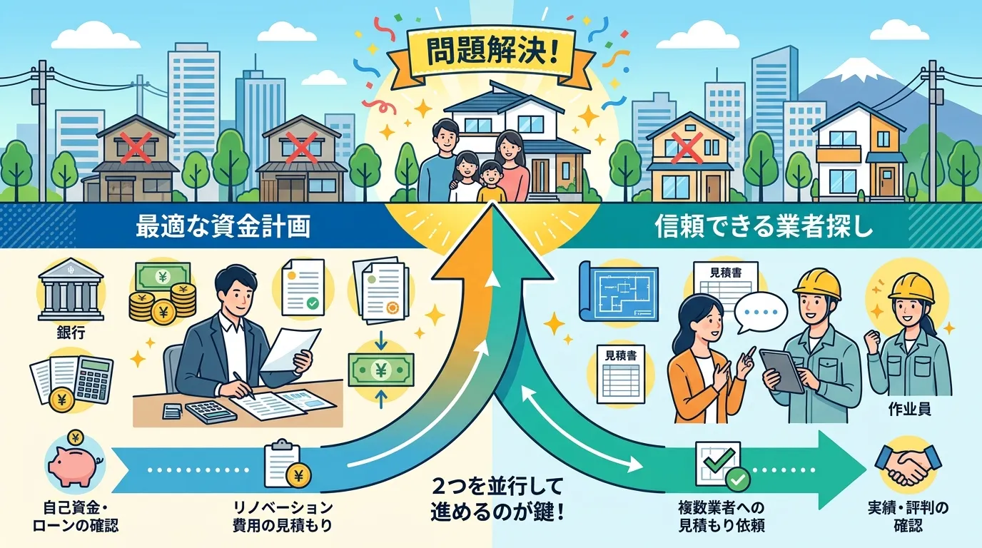 日本人と現代日本の風景, 「空き家問題解決」をテーマにしたインフォグラフィック。フラットデザインの明るいデジタルイラスト。画面を左右に分け、左に「最適な資金計画」(銀行、お金のアイコン)、右に「信頼で