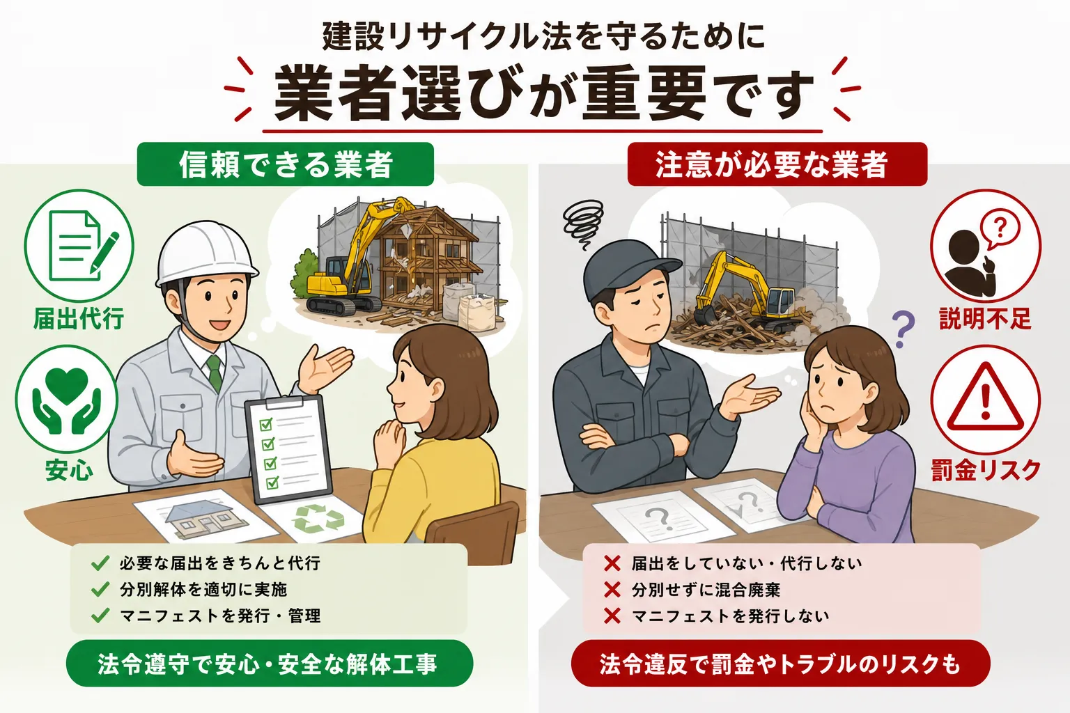 日本の木造住宅・空き家の解体現場を写実的に描いたビジュアル。重機・養生シート・整地後の更地など。基調色は #9a0300。実在する企業のロゴ・看板・車体・人物の顔は描かない。画像内に文字を入れない（図