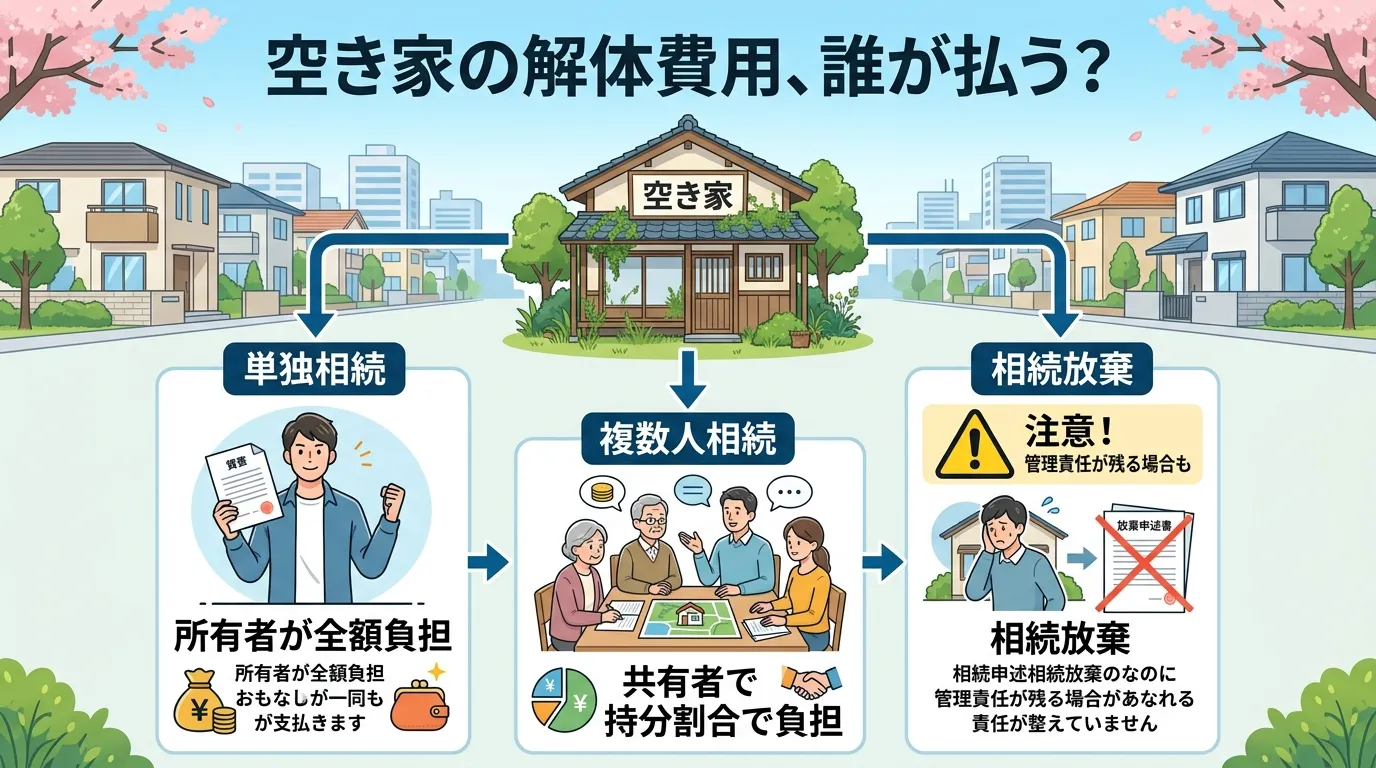 日本人と現代日本の風景, インフォグラフィック、フローチャート。「空き家の解体費用、誰が払う?」というタイトル。中央の家のイラストから3方向に分岐。左「単独相続」:1人の人物イラストと「所有者が全額負