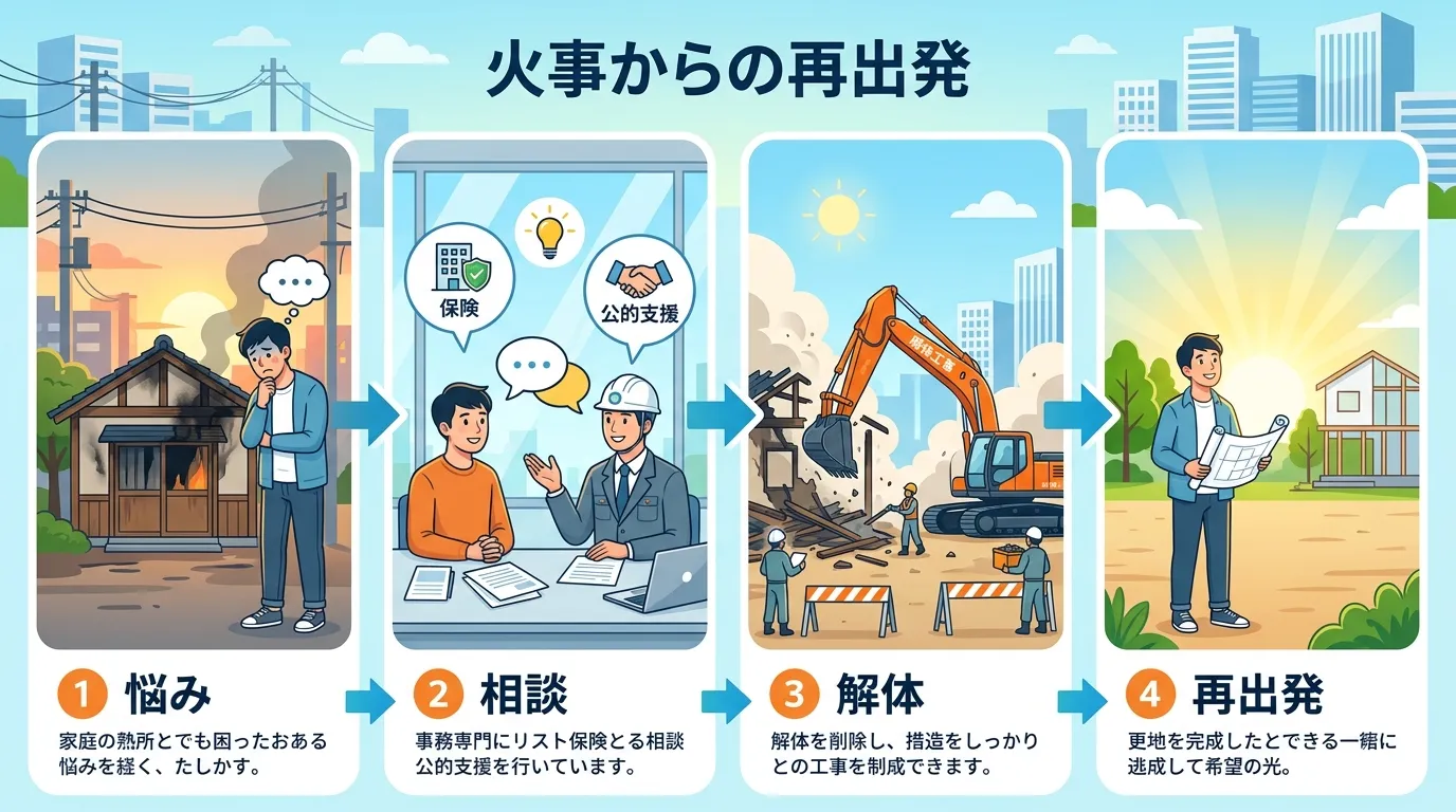 日本人と現代日本の風景, 火事からの再出発をテーマにした4ステップのフロー図インフォグラフィック。フラットデザインのデジタルイラストで、①燃えた家を前に悩む人、②ヘルメットを被った専門家に相談する人(