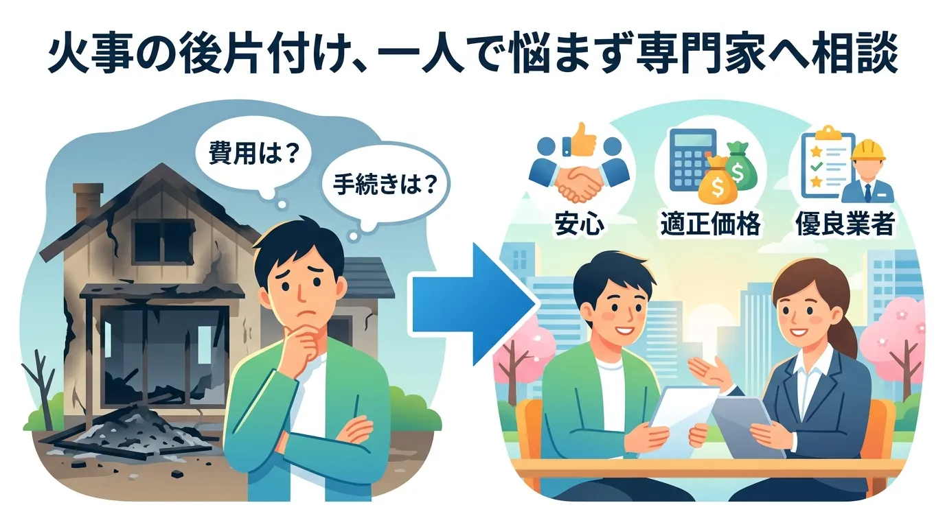 日本人と現代日本の風景, インフォグラフィック、フラットなデジタルイラスト。火事の後片付けの悩みが専門家への相談で解決する流れを示す図。左に、燃えた家を背景に「費用は?」「手続きは?」と悩む人物。右に
