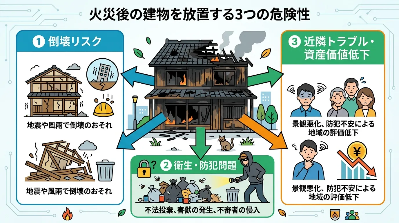 日本人と現代日本の風景, 「火災後の建物を放置する3つの危険性」をテーマにしたインフォグラフィック。中央に焼け焦げた家を配置し、そこから3方向へ矢印が伸びる構図。矢印の先には「倒壊リスク(崩れる家と地