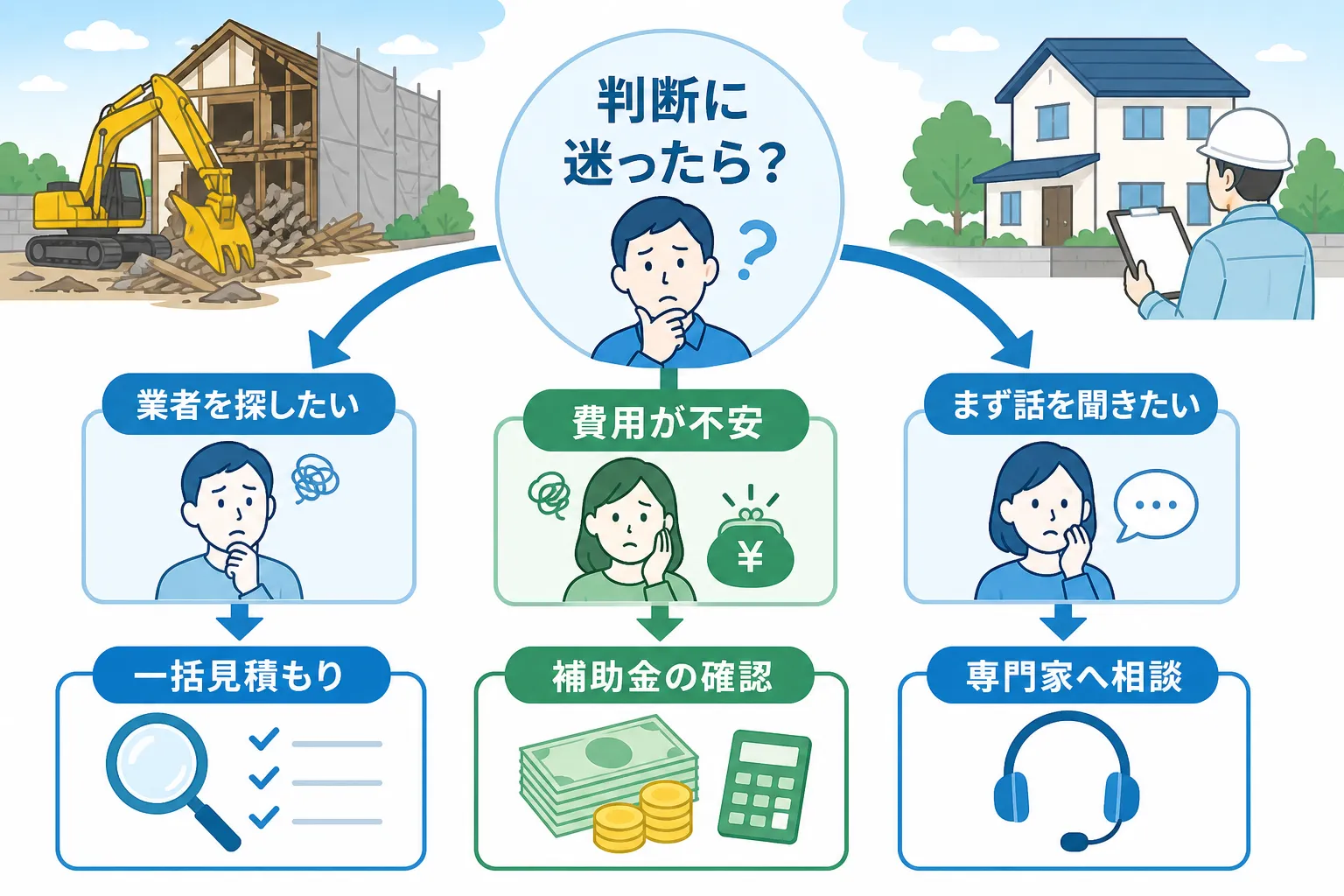 日本の木造住宅・空き家の解体現場を写実的に描いたビジュアル。重機・養生シート・整地後の更地など。基調色は #9a0300。実在する企業のロゴ・看板・車体・人物の顔は描かない。画像内に文字を入れない(図