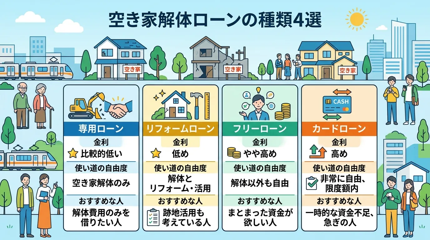 日本人と現代日本の風景, インフォグラフィック、「空き家解体ローンの種類4選」というタイトル。4つのローン(専用ローン、リフォームローン、フリーローン、カードローン)をアイコン付きで比較する表形式の図