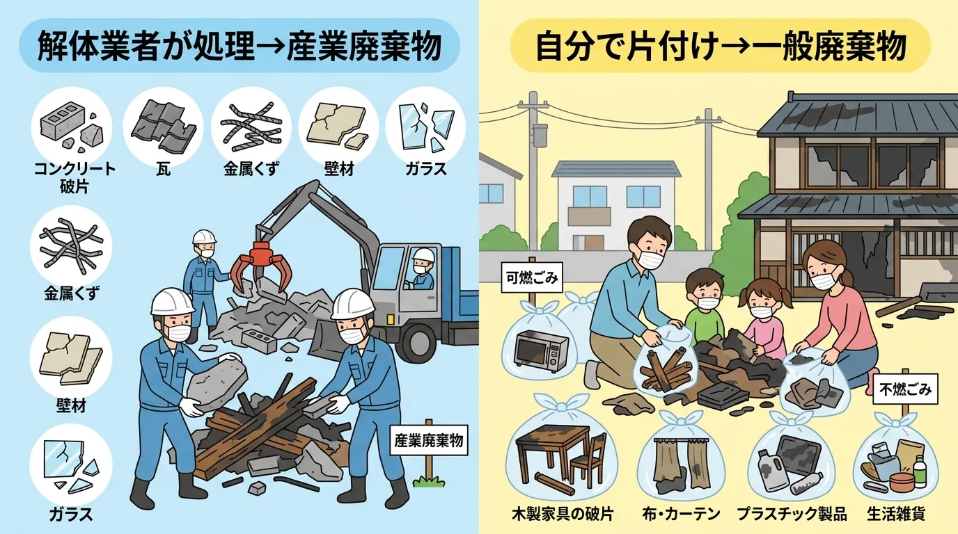 日本人と現代日本の風景, 火事後のゴミ分別を解説するインフォグラフィック。画面を2分割した比較図で、左に「解体業者が処理→産業廃棄物」、右に「自分で片付け→一般廃棄物」と表示。左にはヘルメットの作業員