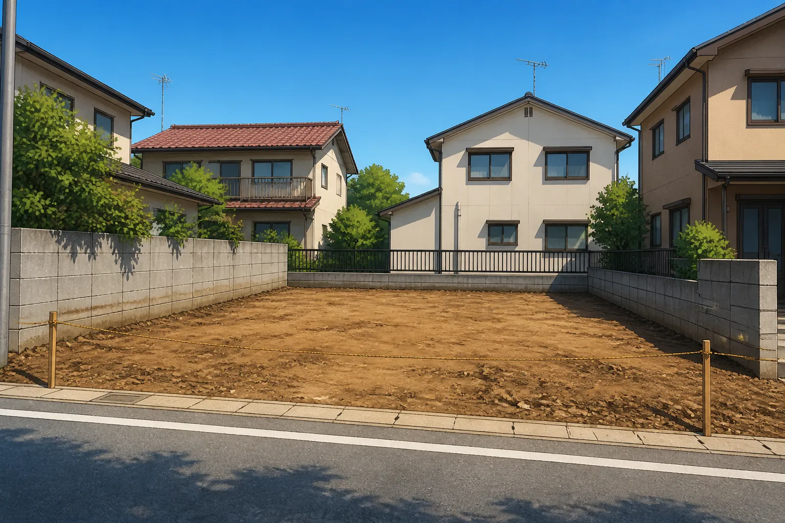 更地になった土地の全景がわかる写真のサンプル。スマートフォンで撮影したもので十分であることが伝わるような写真。]
