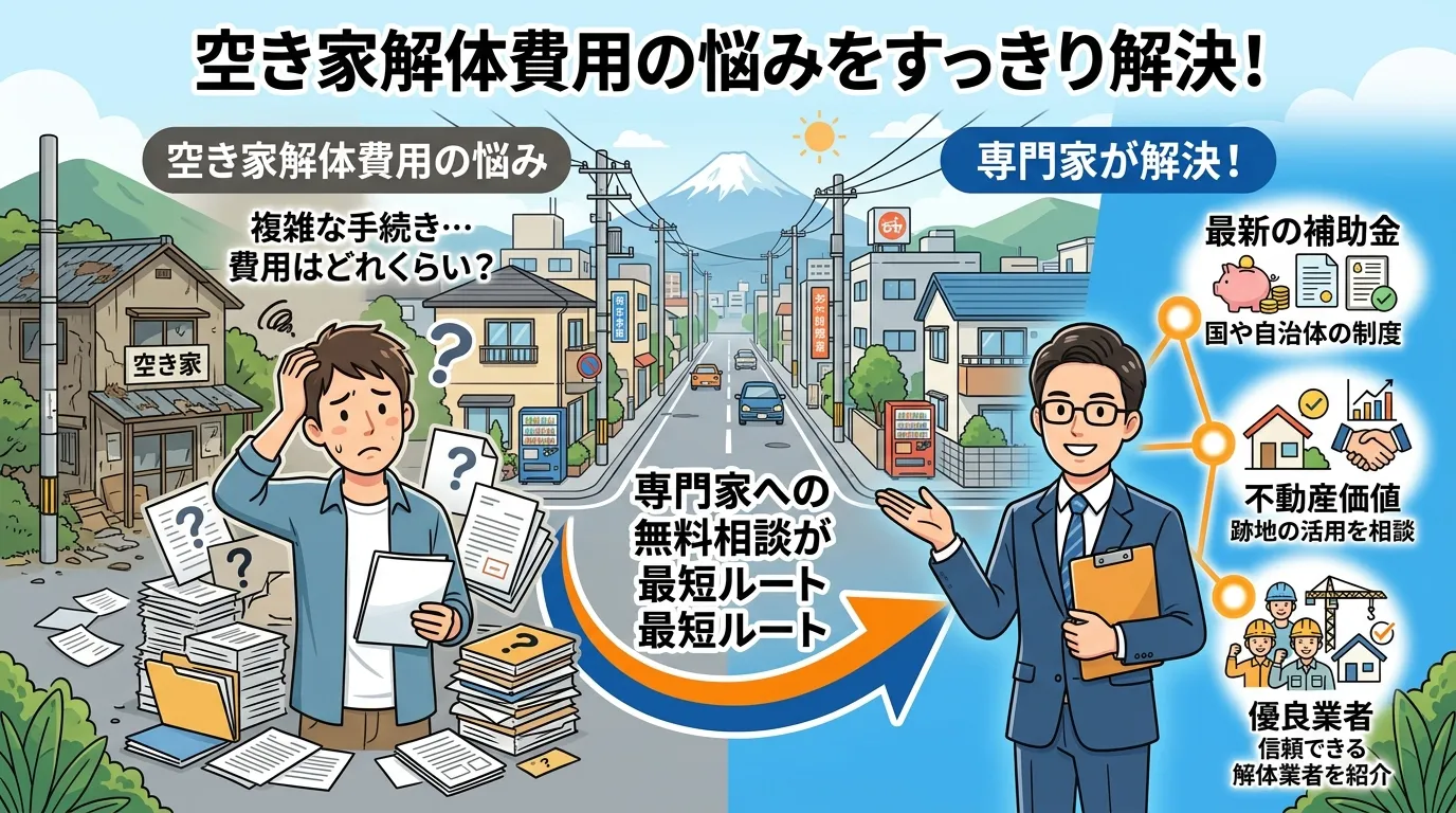 日本人と現代日本の風景, 空き家解体費用の悩みを解決するインフォグラフィック。左側に「?」や書類の山に囲まれ困る人物、右側に解決策を提示する専門家を配置。中央に「専門家への無料相談が最短ルート」と書か