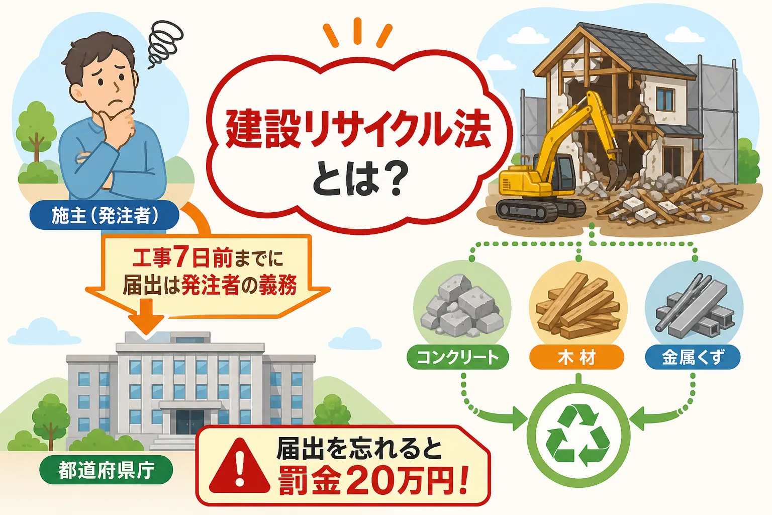 日本の木造住宅・空き家の解体現場を写実的に描いたビジュアル。重機・養生シート・整地後の更地など。基調色は #9a0300。実在する企業のロゴ・看板・車体・人物の顔は描かない。画像内に文字を入れない（図