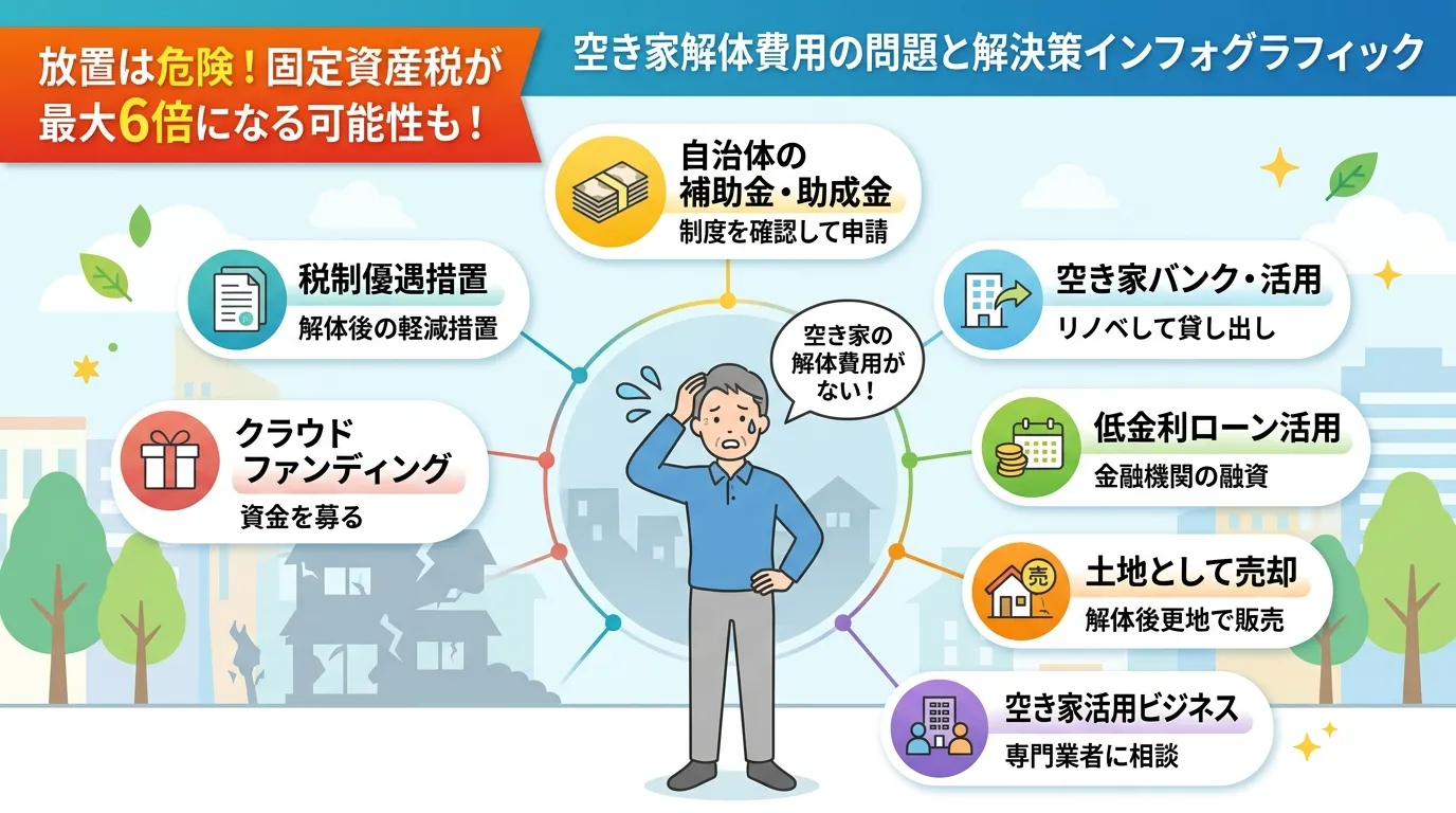 日本人と現代日本の風景, インフォグラフィック、フラットデザイン。中央に「空き家の解体費用がない!」と悩む人物。その周りを「補助金」「ローン」「売却」など7つの解決策を示すアイコンが囲む。背景には「放