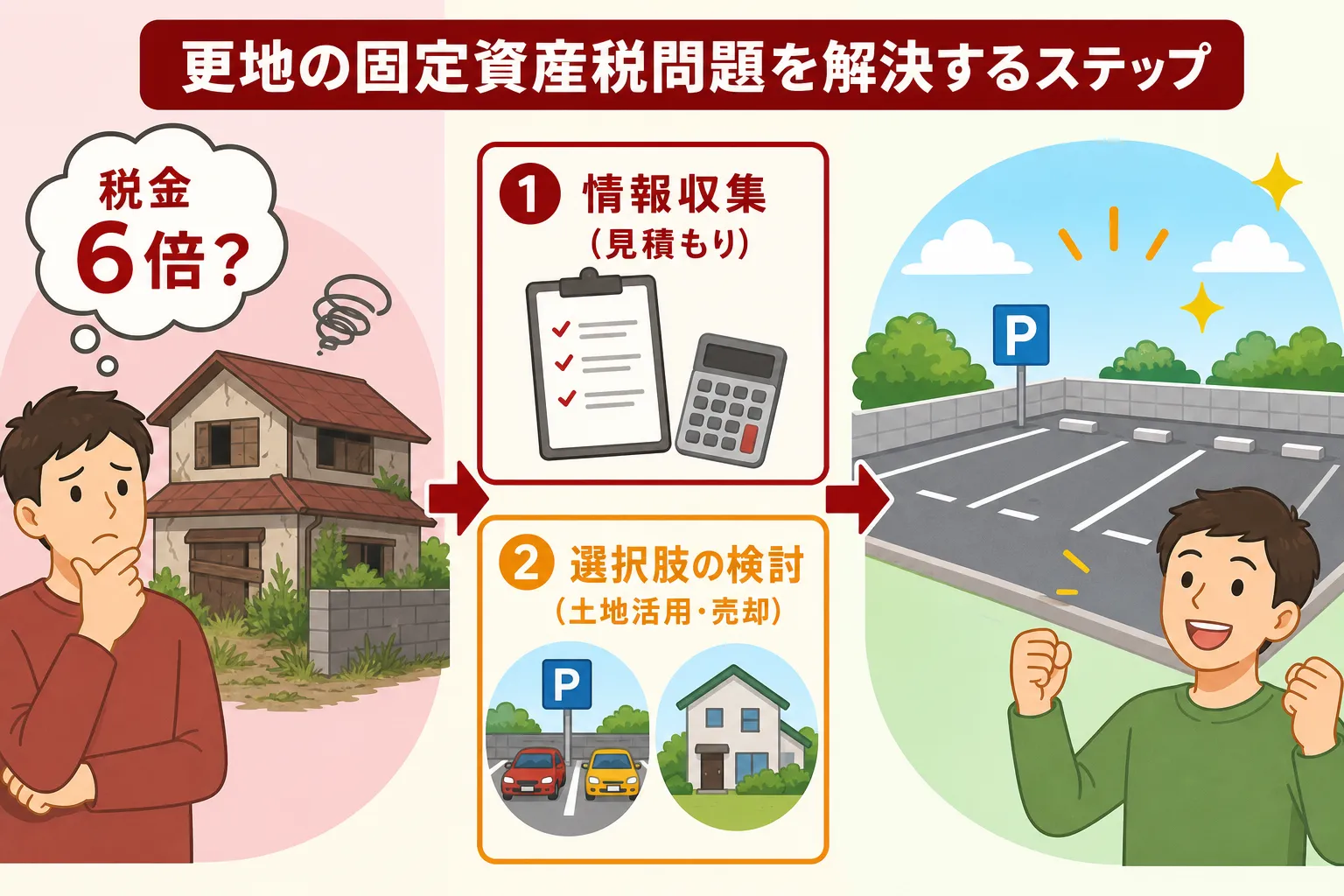 日本の木造住宅・空き家の解体現場を写実的に描いたビジュアル。重機・養生シート・整地後の更地など。基調色は #9a0300。実在する企業のロゴ・看板・車体・人物の顔は描かない。画像内に文字を入れない(図