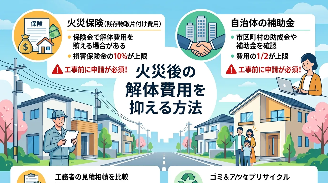 日本人と現代日本の風景, インフォグラフィック、デジタルイラスト、フラットデザイン。「火災後の解体費用を抑える方法」というテーマで、中央にタイトルを配置。その周りに「火災保険(残存物取片付け費用)」と