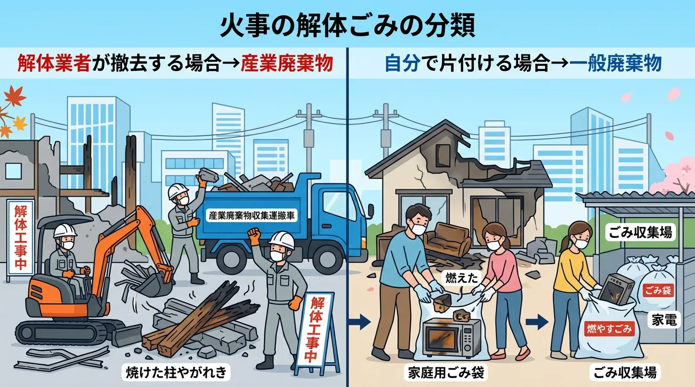 日本人と現代日本の風景, 「火事の解体ごみの分類」をテーマにしたインフォグラフィック。画面を縦に2分割した比較図。左側に「解体業者が撤去する場合→産業廃棄物」と記載し、作業員と焼けた柱やがれきのイラス