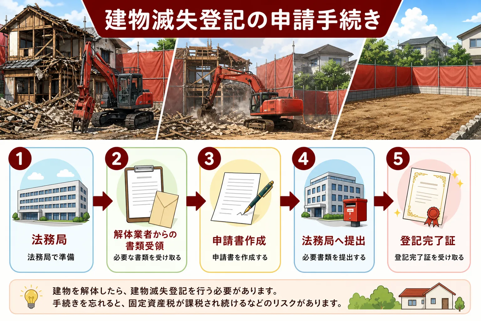 日本の木造住宅・空き家の解体現場を写実的に描いたビジュアル。重機・養生シート・整地後の更地など。基調色は #9a0300。実在する企業のロゴ・看板・車体・人物の顔は描かない。画像内に文字を入れない(図
