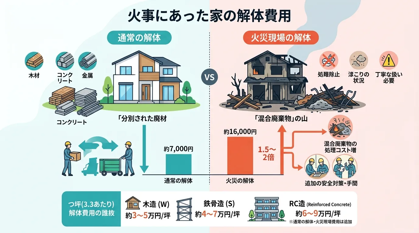 日本人と現代日本の風景, 「火事にあった家の解体費用」をテーマにしたインフォグラフィック。デジタルイラスト、フラットデザイン。画面を左右に分割し、左に「通常の解体」(健全な家、分別された廃材)、右に「