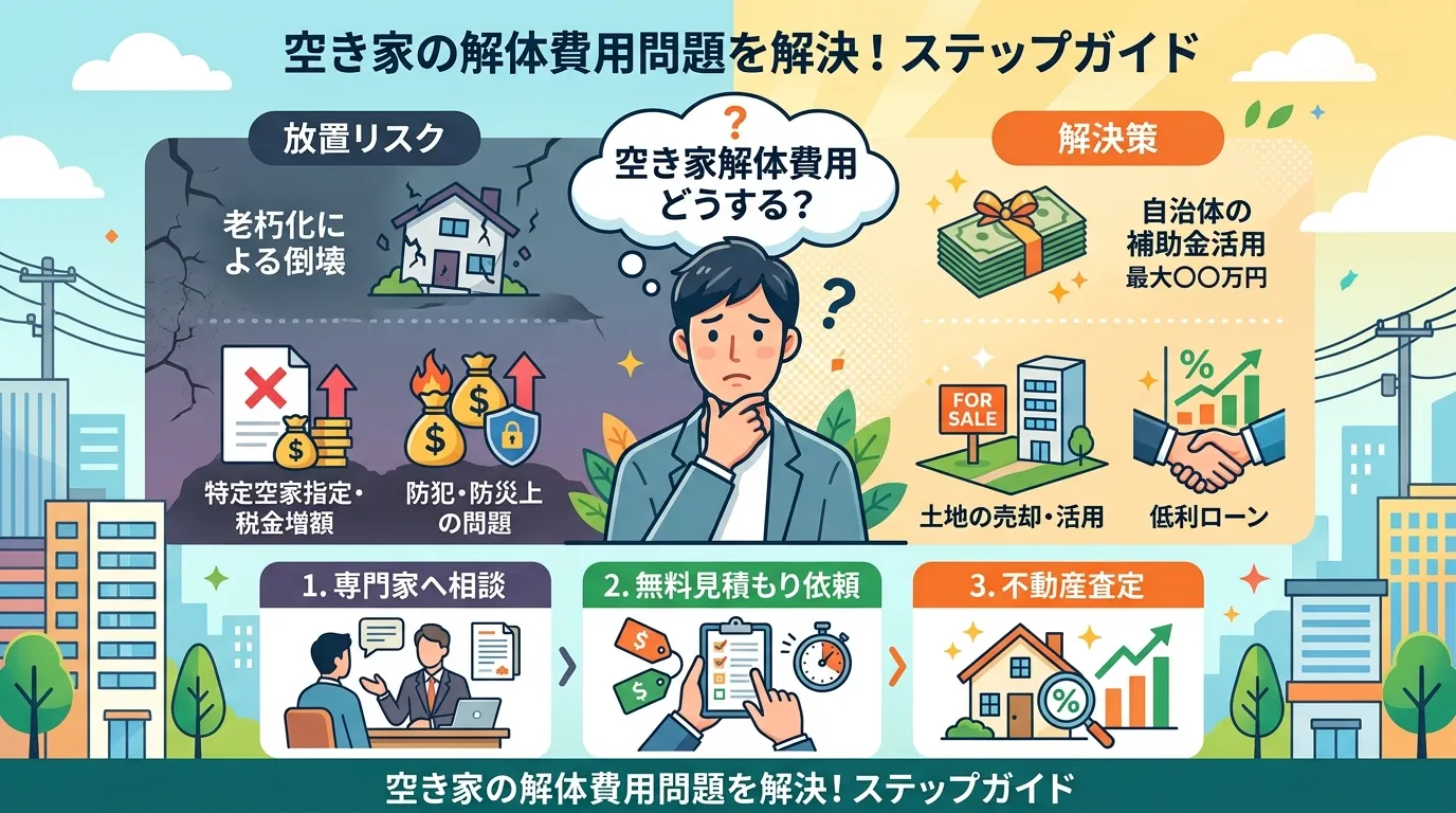 日本人と現代日本の風景, 空き家の解体費用問題を解決するステップを示すインフォグラフィック。中央に悩む人物を配置し、左に「放置リスク(倒壊した家、税金増)」を暗い色で、右に「解決策(補助金、売却)」を