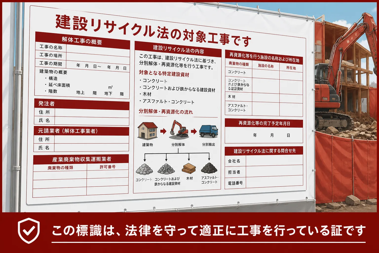 建設リサイクル法の対象工事現場に掲示されている「標識」の実物写真。標識に何が書かれているかがわかるようにクローズアップしたもの。キャプションで「この標識は、法律を守って適正に工事を行っている証です」と