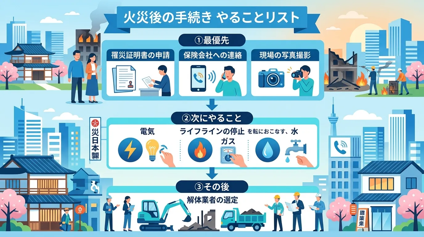 日本人と現代日本の風景, 火災後の手続きを時系列で示すインフォグラフィック。タイトルは「火災後の手続き やることリスト」。上から下に3つのステップを矢印で繋ぐフローチャート形式。①最優先:「罹災証明書