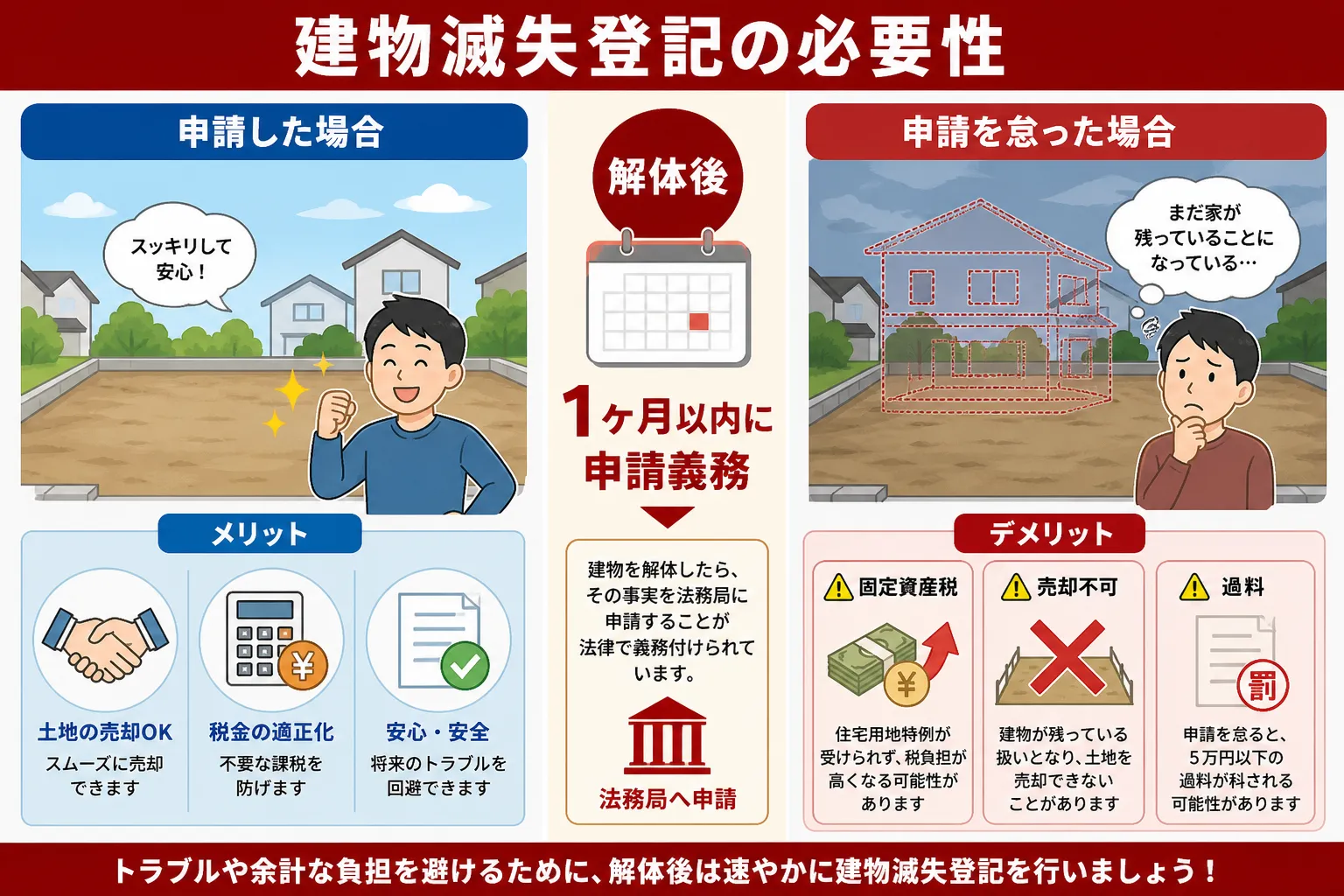 日本の木造住宅・空き家の解体現場を写実的に描いたビジュアル。重機・養生シート・整地後の更地など。基調色は #9a0300。実在する企業のロゴ・看板・車体・人物の顔は描かない。画像内に文字を入れない(図