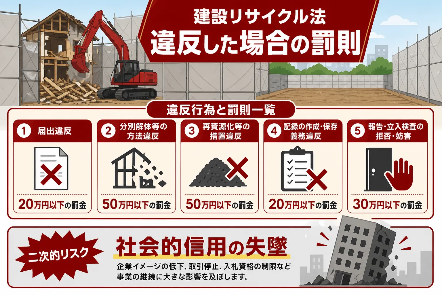 日本の木造住宅・空き家の解体現場を写実的に描いたビジュアル。重機・養生シート・整地後の更地など。基調色は #9a0300。実在する企業のロゴ・看板・車体・人物の顔は描かない。画像内に文字を入れない(図