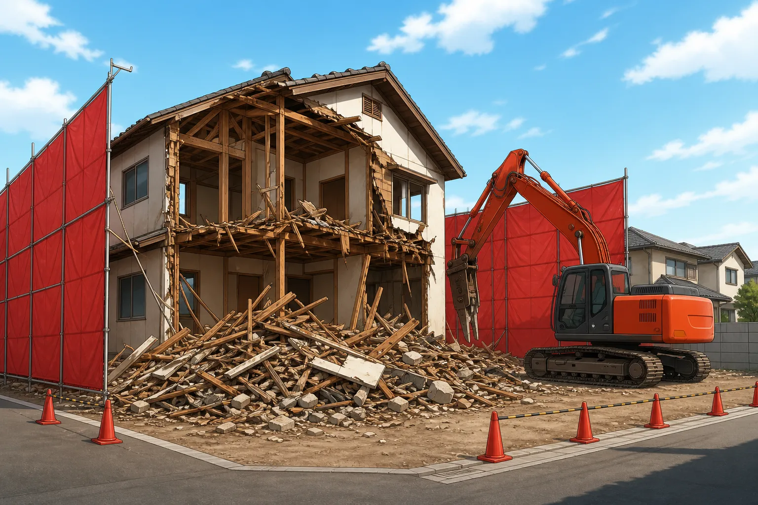 床面積80㎡（約24坪）の一般的な木造2階建て住宅の外観写真。キャプション例：「このような一般的な住宅の解体も、建設リサイクル法の対象となります。」]