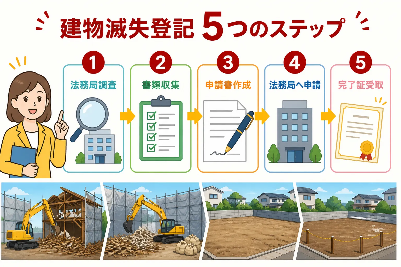 日本の木造住宅・空き家の解体現場を写実的に描いたビジュアル。重機・養生シート・整地後の更地など。基調色は #9a0300。実在する企業のロゴ・看板・車体・人物の顔は描かない。画像内に文字を入れない(図