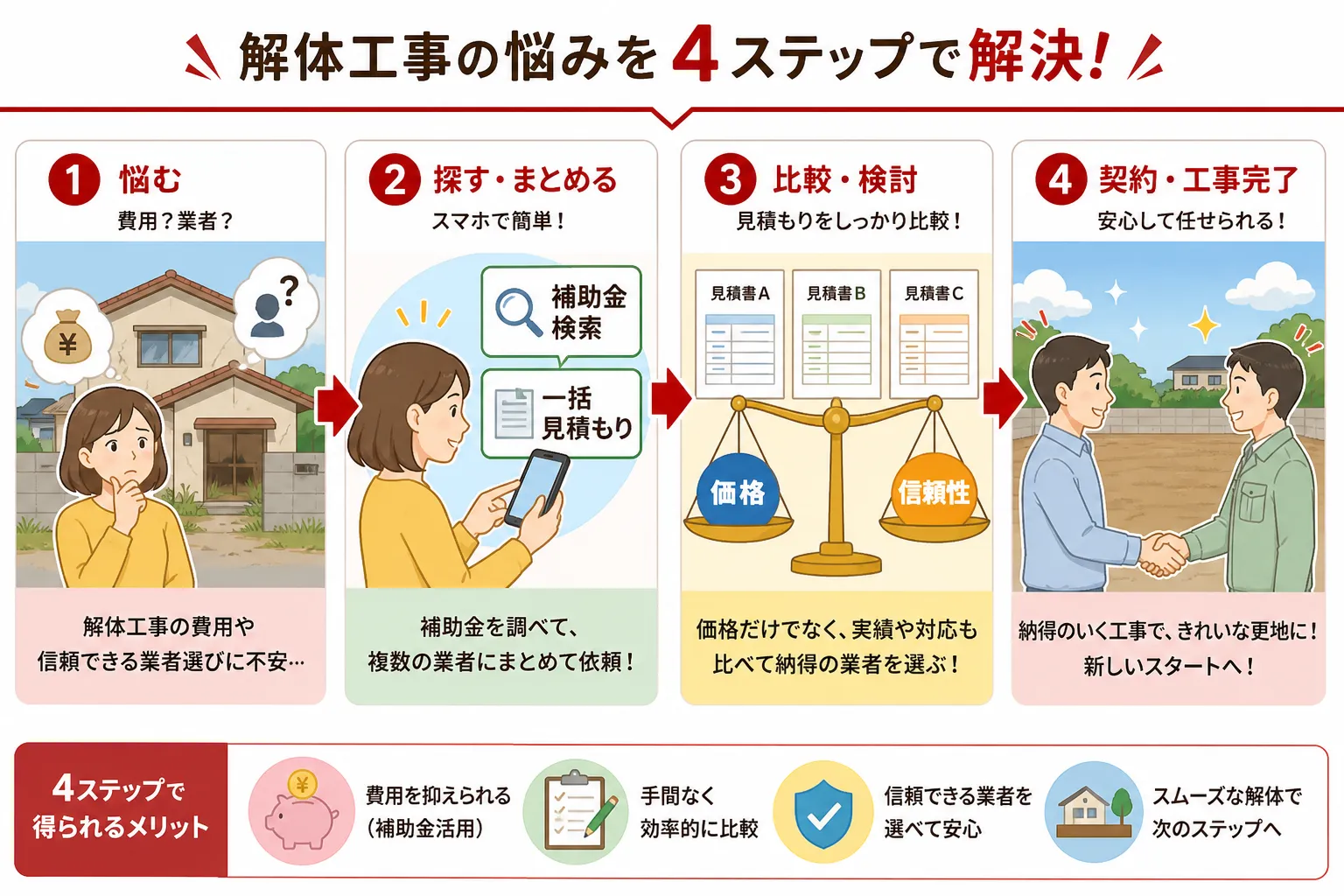 日本の木造住宅・空き家の解体現場を写実的に描いたビジュアル。重機・養生シート・整地後の更地など。基調色は #9a0300。実在する企業のロゴ・看板・車体・人物の顔は描かない。画像内に文字を入れない(図