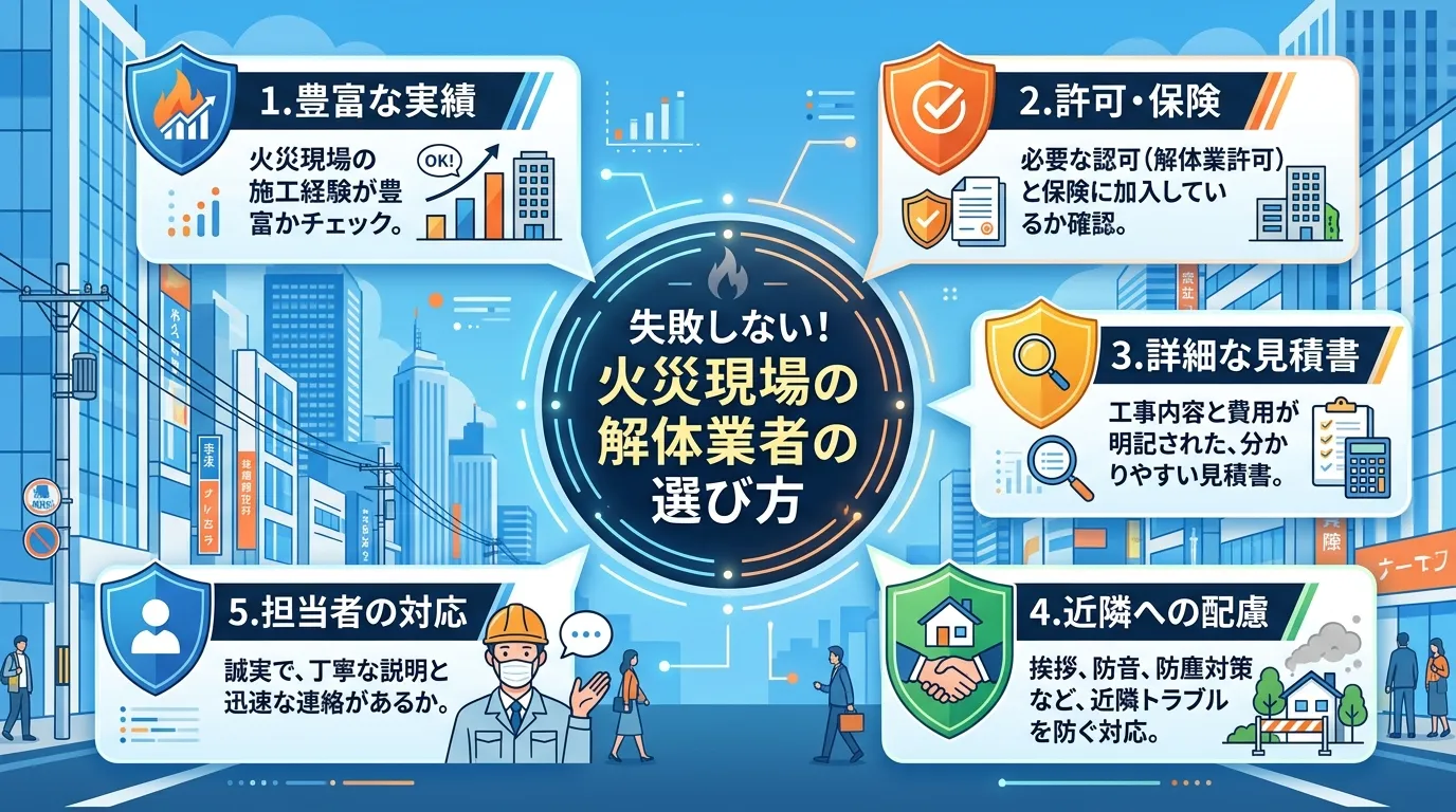 日本人と現代日本の風景, 「失敗しない!火災現場の解体業者の選び方」というタイトルのインフォグラフィック。中央のタイトルを囲むように、5つのチェックポイントを番号とアイコン付きで配置する。1.豊富な実