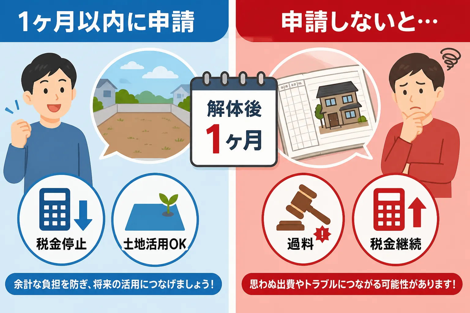 日本の木造住宅・空き家の解体現場を写実的に描いたビジュアル。重機・養生シート・整地後の更地など。基調色は #9a0300。実在する企業のロゴ・看板・車体・人物の顔は描かない。画像内に文字を入れない(図