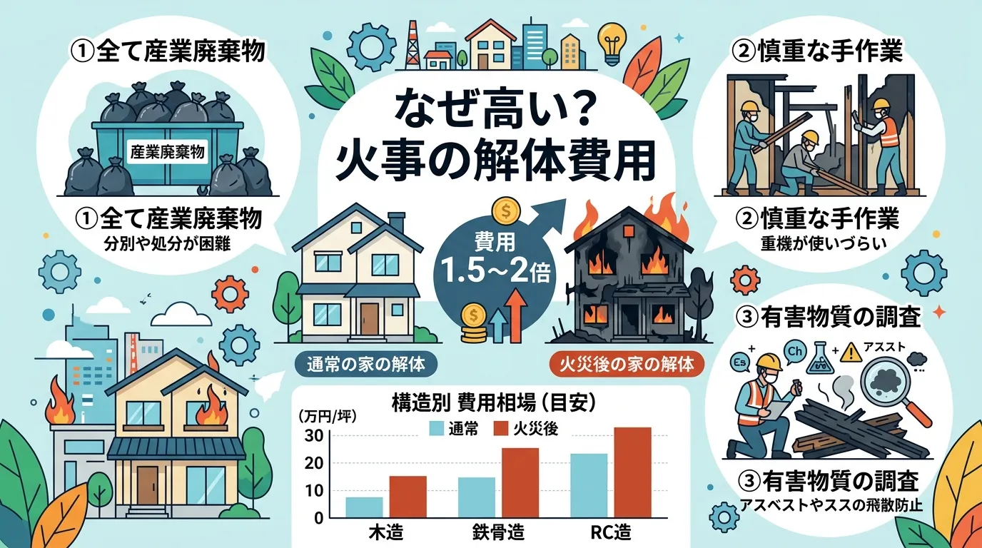 日本人と現代日本の風景, 「火事の解体費用」をテーマにしたインフォグラフィック画像。中央に「なぜ高い?火事の解体費用」というタイトルを配置。通常の家と火事で黒く焼けた家を比較し「費用1.5〜2倍」と強