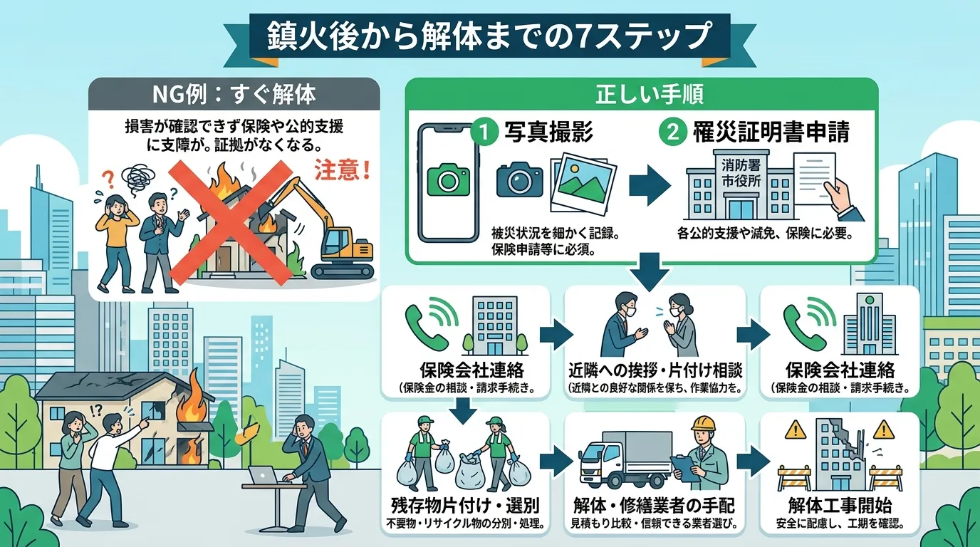 日本人と現代日本の風景, 「火事の後の正しい手順」をテーマにしたインフォグラフィック。ステップ形式のフローチャートで、上部に「鎮火後から解体までの7ステップ」とタイトルを配置。左に「NG例:すぐ解体」
